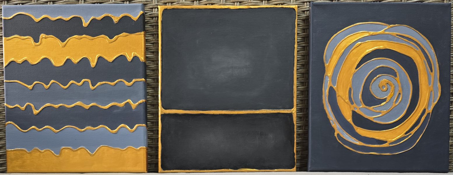 Apstrakcija triptih, Snežana Jakšić, akril na platnu, 3 slike dimenzija 30×25 cm, sertifikat, 14160 dinara