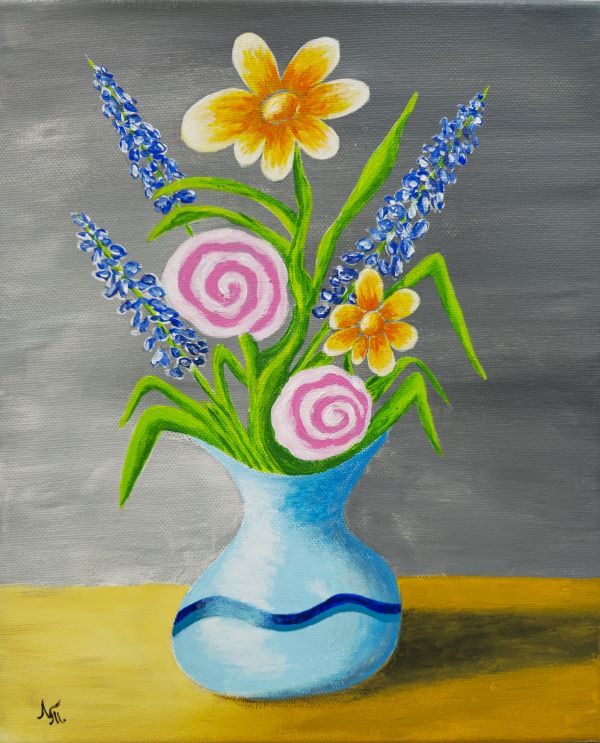 Cveće u vazi, akril na platnu, Tijana L., 30×25 cm, sertifikat, 7080 dinara