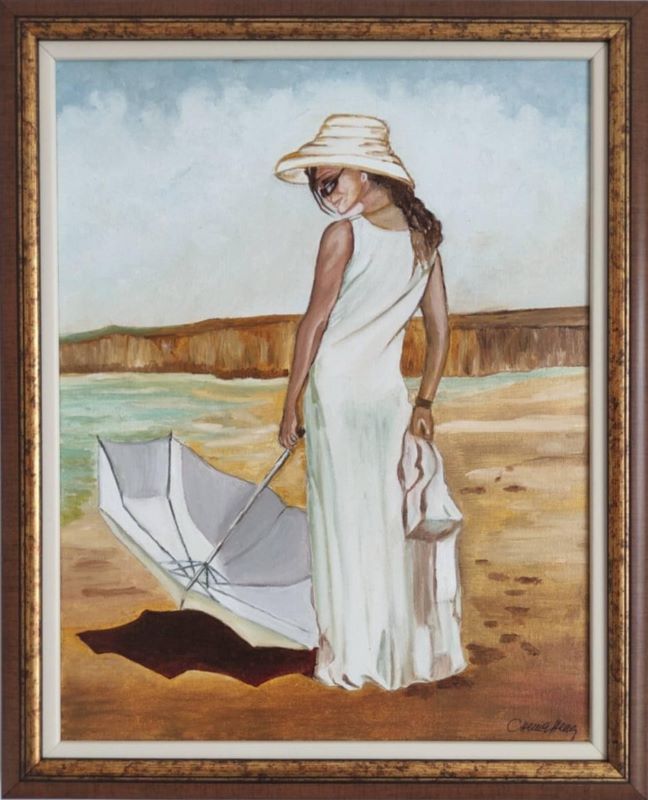 Devojka sa suncobranom, Snežana Jakšić, ulje na platnu, sa 51×41 cm, bez 45×35 cm, sertifikat, 22420 dinara