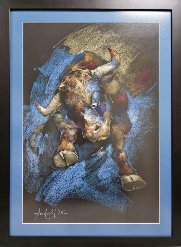 Divlji bik V, pastel, sa 74×54 cm, bez 60×41 cm, sertifikat, Braca Đurković, 47200 dinara