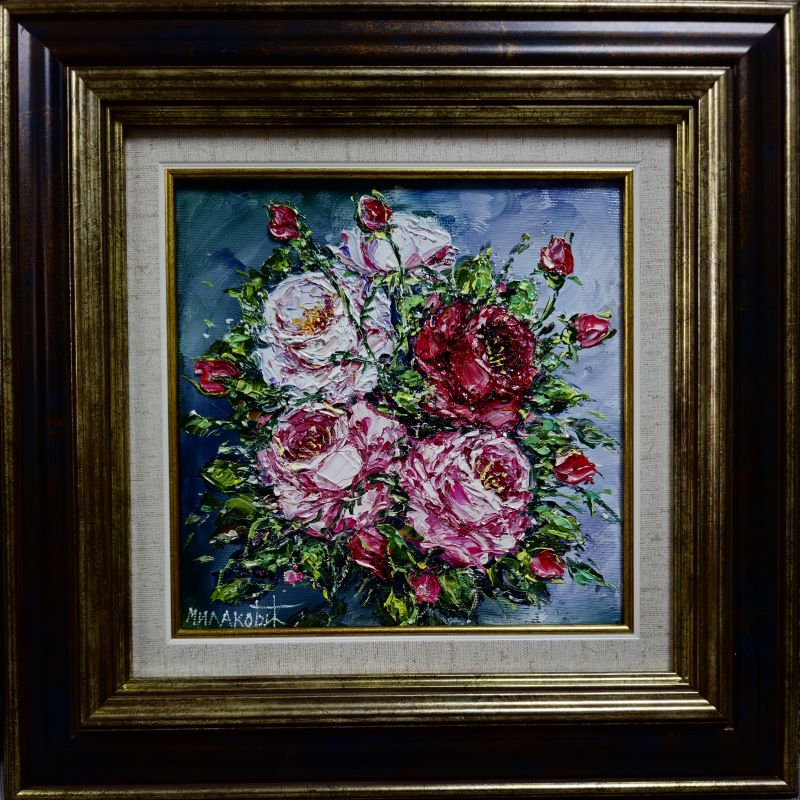 Ruže 1, ulje na platnu, sa 35×35 cm, bez 20×20 cm, uramljena, Bosa Milaković, sertifikat, 10620 dinara