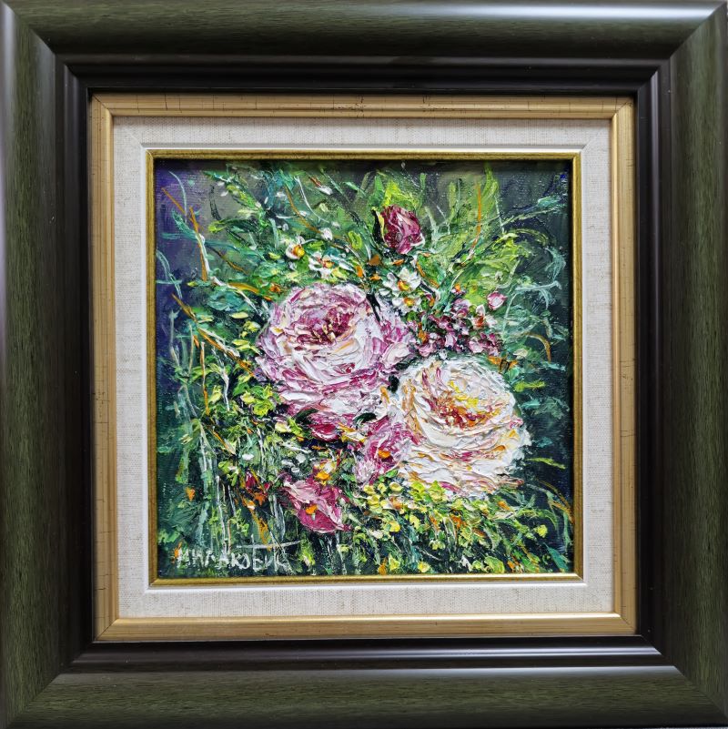 Ruže 4, ulje na platnu, sa 33×33 cm, bez 20×20 cm, uramljena, Bosa Milaković, sertifikat, 10620 dinara