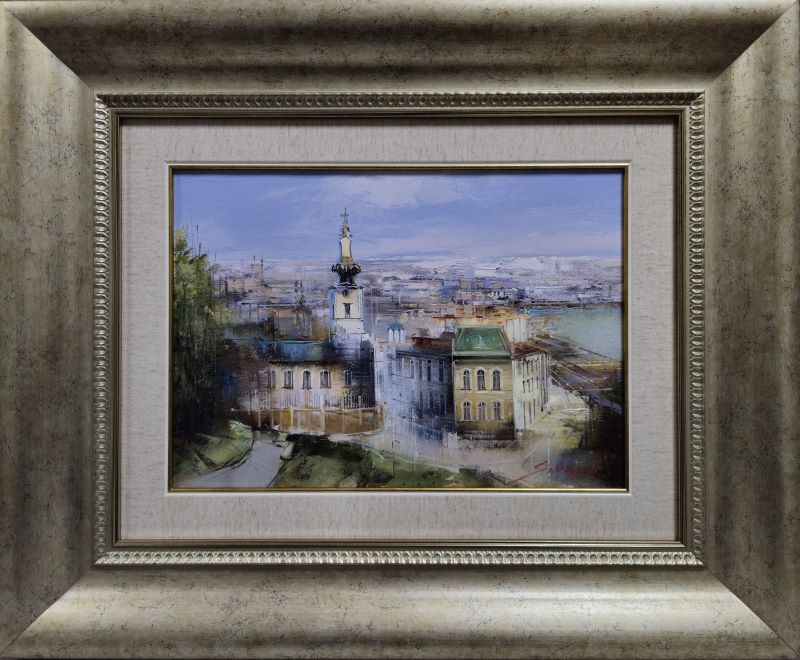 Saborna crkva, Dejan Slepčević, ulje na platnu, luks uramljena, sa 48×58 cm, bez 25×35 cm, sertifikat, 25960 dinara