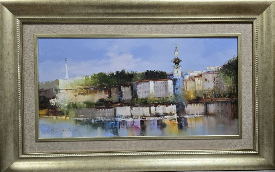 Saborna crkva i pobednik, Dejan Slepčević, ulje na platnu, luks uramljena, sa 67×107 cm, bez 40×80 cm, sertifikat, 70800 dinara