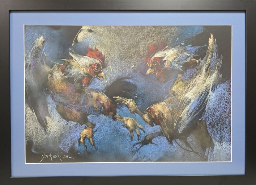 Borba petlova V, Braca Đurković, pastel, sa 54×74 cm, bez 40×60 cm, 2025., sertifikat, 47200 dinara