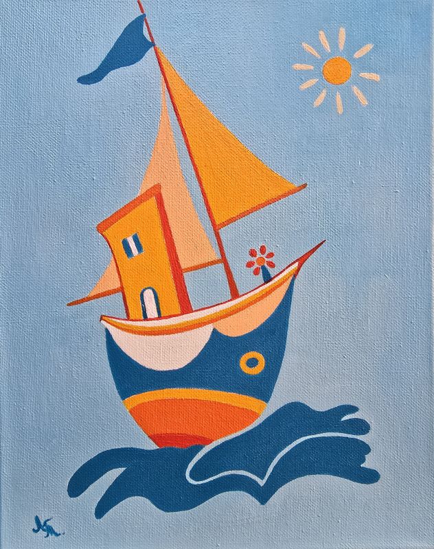 Brod na moru, akril na platnu, Tijana L., 29×24 cm, sertifikat, 7080 dinara