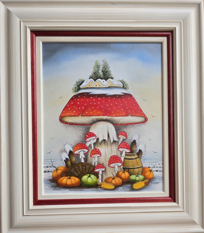 Crvena pečurka 2, Marija Hlavati, Naiva Kovačica, ulje na platnu kaširano na kartonu, sa 45×40 cm, bez 30×25 cm, sertifikat, 21240 dinara