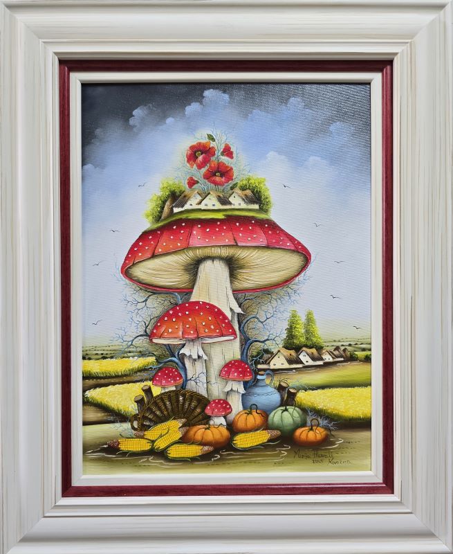 Crvena pečurka 3, Marija Hlavati, Naiva Kovačica, ulje na platnu kaširano na kartonu, sa 55×45 cm, bez 40×30 cm, sertifikat, 31860 dinara