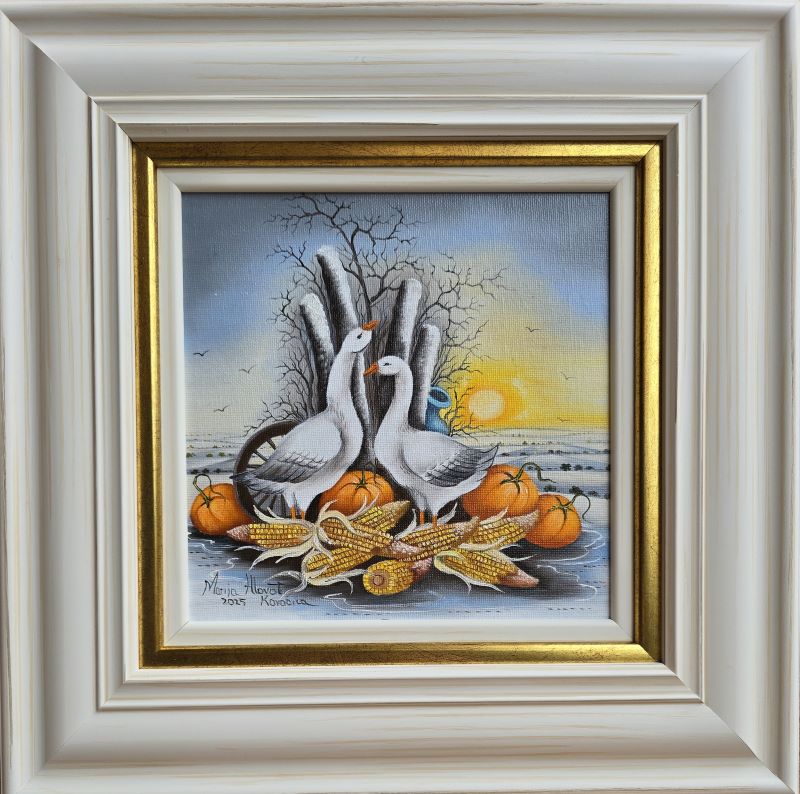 Guske 1, Marija Hlavati, Naiva Kovačica, ulje na platnu kaširano na kartonu, sa 35×35 cm, bez 20×20 cm, sertifikat, 15340 dinara