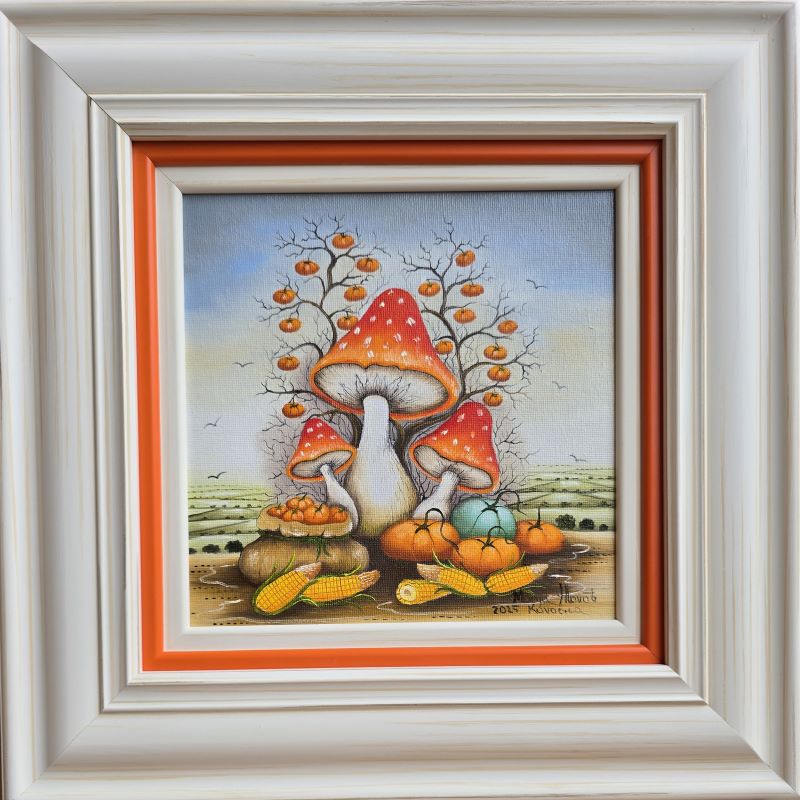 Pečurka 2, Marija Hlavati, Naiva Kovačica, ulje na platnu kaširano na kartonu, sa 35×35 cm, bez 20×20 cm, sertifikat, 15340 dinara