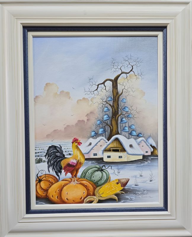 Pevac na bundevi, Marija Hlavati, Naiva Kovačica, ulje na platnu kaširano na kartonu, sa 55×45 cm, bez 40×30 cm, sertifikat, 31860 dinara