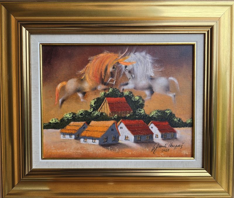 Bačka XVII, Janoš Mesaroš, kombinovana tehnika na kaširanom platnu, luksuzno uramljena, sa 41×48 cm, bez 23×30 cm, sertifikat, 31860 dinara