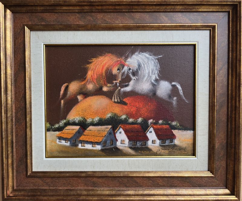 Banat XVII, Janoš Mesaroš, kombinovana tehnika na kaširanom platnu, luksuzno uramljena, sa 39×46 cm, bez 23×30 cm, sertifikat, 31860 dinara