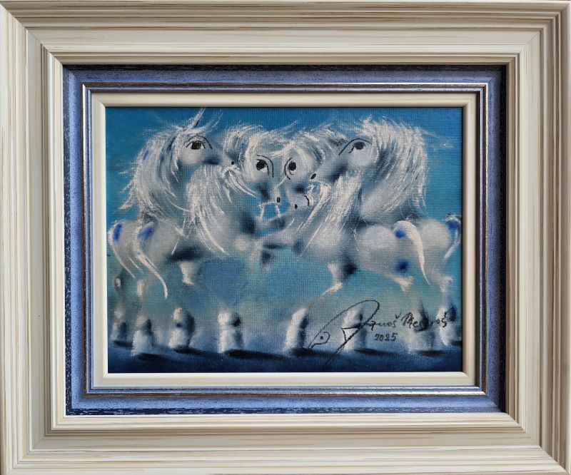 Beli ples XVII, Janoš Mesaroš, kombinovana tehnika na kaširanom platnu, luksuzno uramljena, sa 37×45 cm, bez 23×30 cm, sertifikat, 31860 dinara