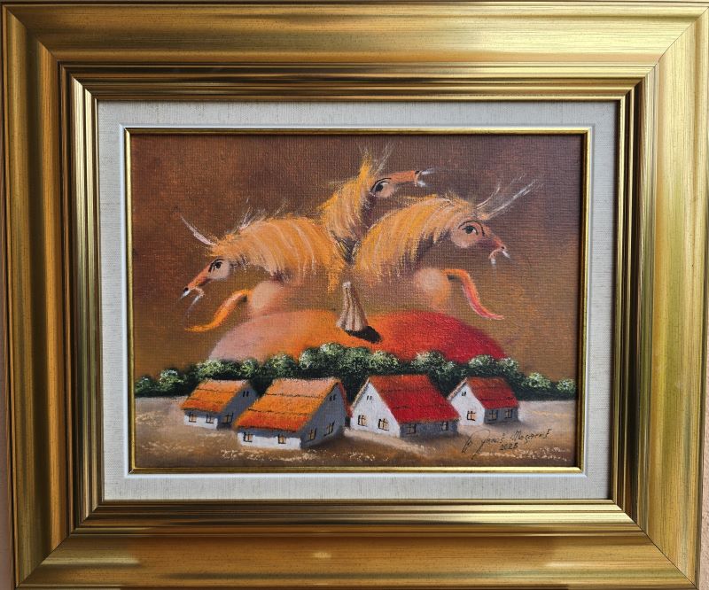Bundeva XVII, Janoš Mesaroš, kombinovana tehnika na kaširanom platnu, luksuzno uramljena, sa 41×48 cm, bez 23×30 cm, sertifikat, 31860 dinara