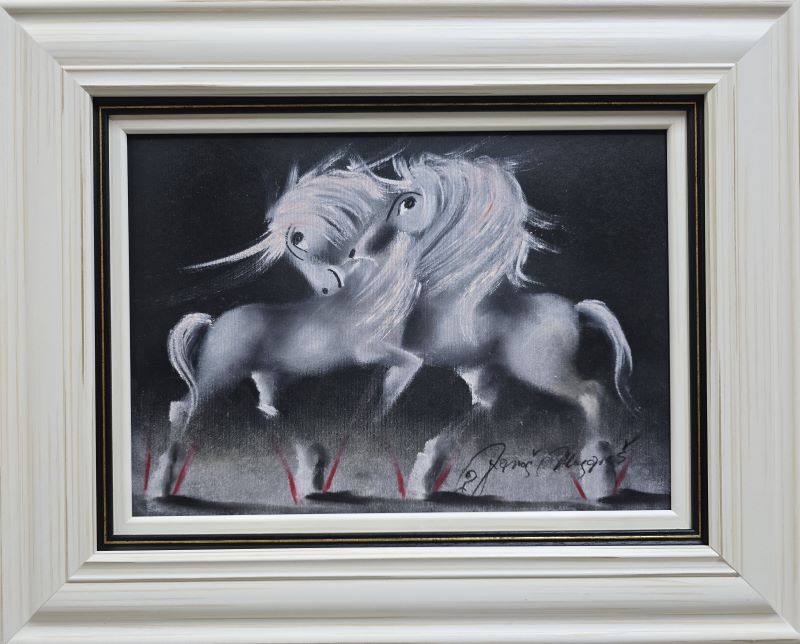 Crno bela rapsodija, Janoš Mesaroš, kombinovana tehnika lak pastel, luksuzno uramljen, sa 40×50 cm, bez 25×35 cm, sertifikat, 29500 dinara