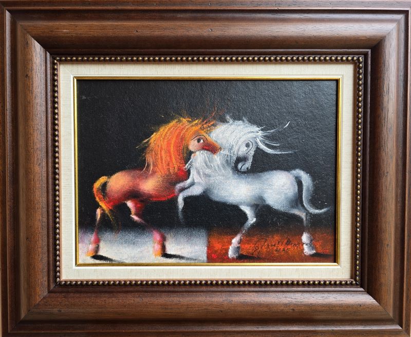 Dva sveta XVII, Janoš Mesaroš, kombinovana tehnika na kaširanom platnu, luksuzno uramljena, sa 45×55 cm, bez 25×35 cm, sertifikat, 31860 dinara