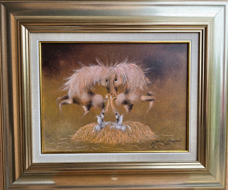 Gnezdo XVII, Janoš Mesaroš, kombinovana tehnika na kaširanom platnu, luksuzno uramljena, sa 41×48 cm, bez 23×30 cm, sertifikat, 35000 dinara