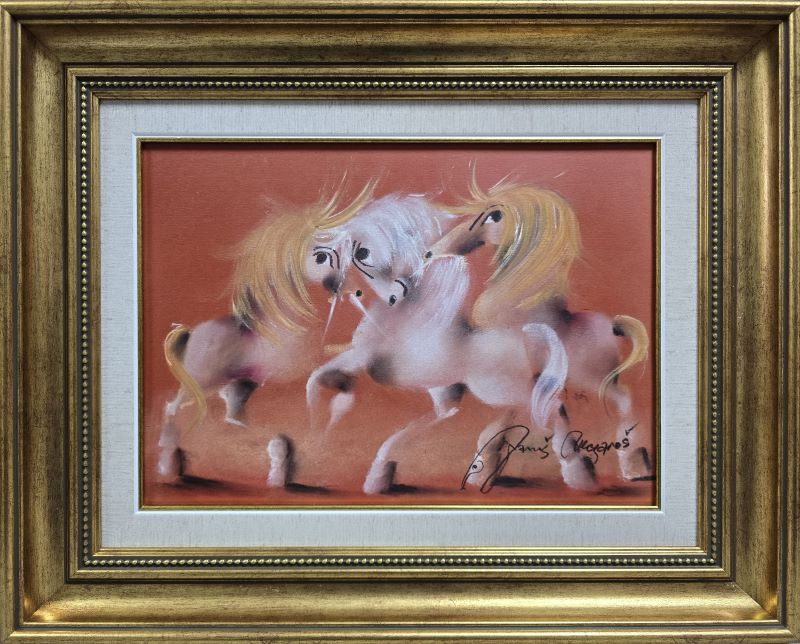 Igrali se konji, Janoš Mesaroš, kombinovana tehnika lak pastel, luksuzno uramljen, sa 41×51 cm, bez 25×35 cm, sertifikat, 29500 dinara