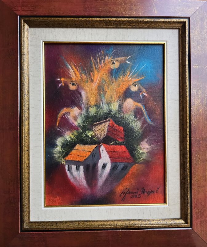 Pijane kuće XVII, Janoš Mesaroš, kombinovana tehnika na kaširanom platnu, luksuzno uramljena, sa 46×39 cm, bez 29×22 cm, sertifikat, 31860 dinara