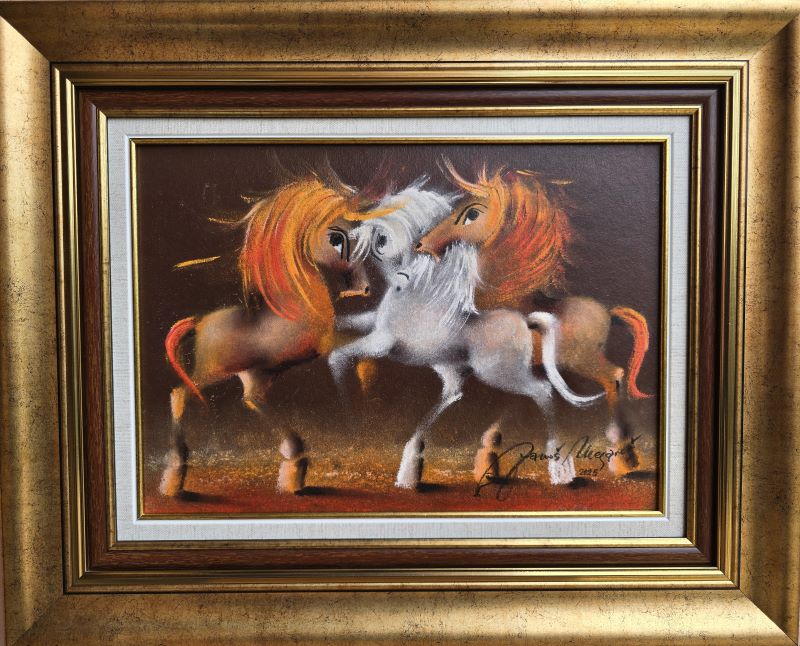 Porodica XVII, Janoš Mesaroš, kombinovana tehnika na kaširanom platnu, luksuzno uramljena, sa 42×52 cm, bez 25×35 cm, sertifikat, 31860 dinara