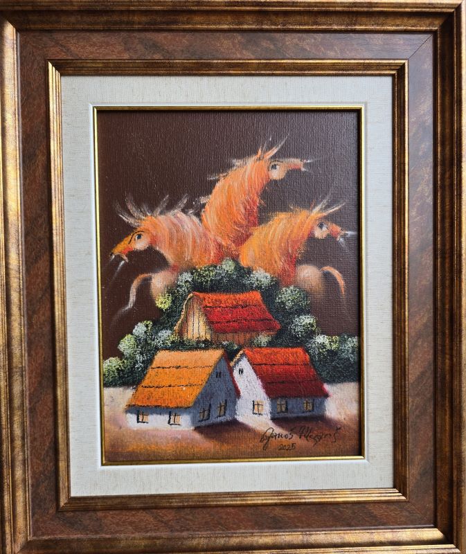 Srem XVII, Janoš Mesaroš, kombinovana tehnika na kaširanom platnu, luksuzno uramljena, sa 46×39 cm, bez 30×23 cm, sertifikat, 31860 dinara