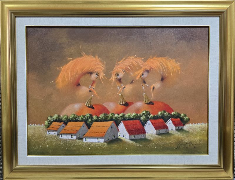 Trojka, Janoš Mesaroš, ulje na platnu kombinovana tehnika, sa 71×91 cm, bez 50×70 cm, sertifikat, lux ram, 2025., 212400 dinara