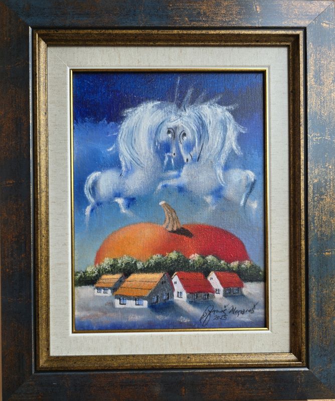 Vojvodina XVII, Janoš Mesaroš, kombinovana tehnika na kaširanom platnu, luksuzno uramljena, sa 46×39 cm, bez 29×22 cm, sertifikat, 31860 dinara