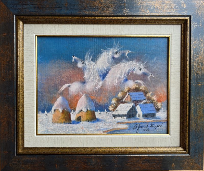 Zimska rapsodija XVII, Janoš Mesaroš, kombinovana tehnika na kaširanom platnu, luksuzno uramljena, sa 39×46 cm, bez 22×30 cm, sertifikat, 31860 dinara